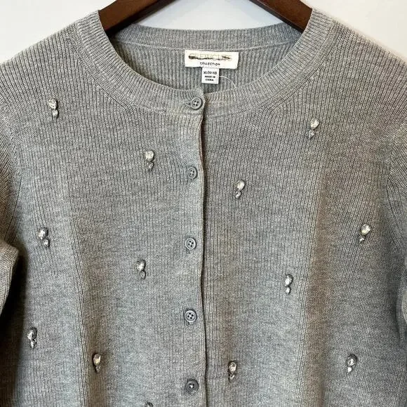 J.Crew Collection Embellished Cardigan Sweater Cotton Holiday CD379 Grey 12 13 - Picture 3 of 14